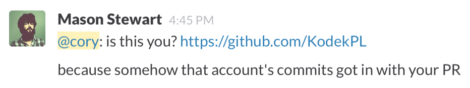 Slack message asking if a commit was mine