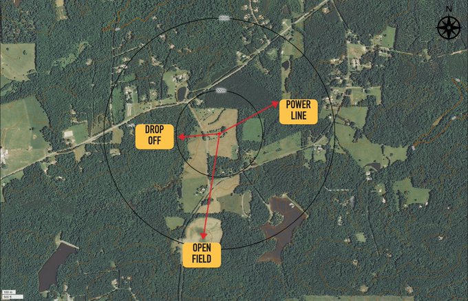 The satellite image with range rings and three lines pointing in different directions, labeled Power Line, Drop Off, Open Field