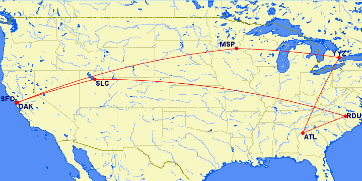 Map of the US showing connections from Raleigh to Atlanta to Toronto to San Francisco to Salt Lake City to Raleigh